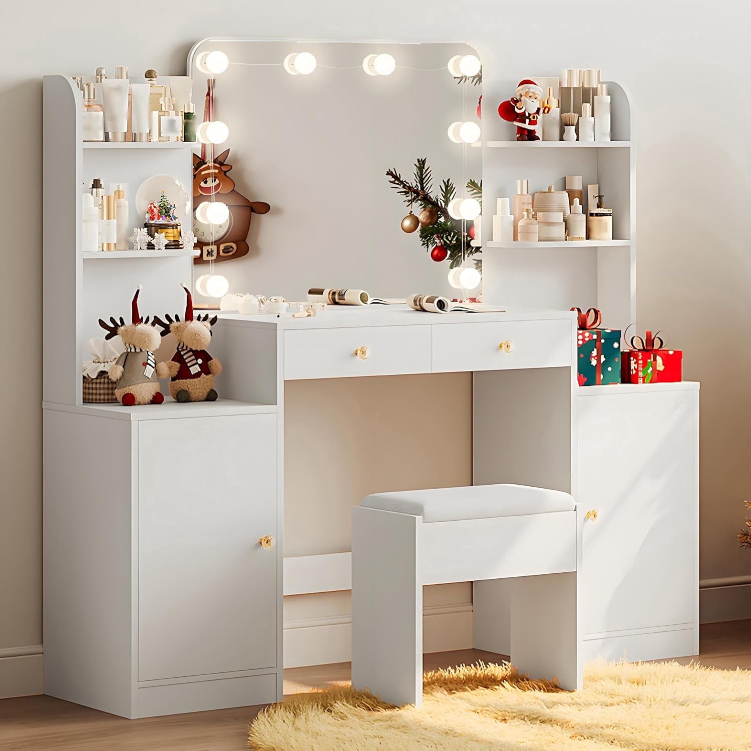 53" Makeup Vanity Set with Mirror and Lights, NEORIVER Big White Makeup Vanity Desk with Chair and Power Outlet, 3 Color Lighting Modes & Adjustable Brightness for Bedroom