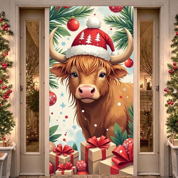 Christmas Banner Highland Cow Theme Xmas Backdrop Banner Holiday Party Decoration Banner Sign Photo Booth Prop for Holiday Indoor Outdoor Party Supplies