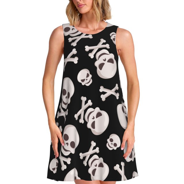Fotbe black white Skull bone Vestido de Verano sin Mangas para Mujer – Vestido Midi Línea A, Estilo Camiseta Floral, Vestido Playero Casual y Fluido