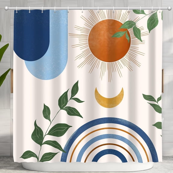 Mid Century Abstract Boho Aesthetic Shower Curtain Set, Blue Nature Leaf Sun Modern Minimalist Home Bathroom Curtain Decor with 12 Hooks 72x72inches