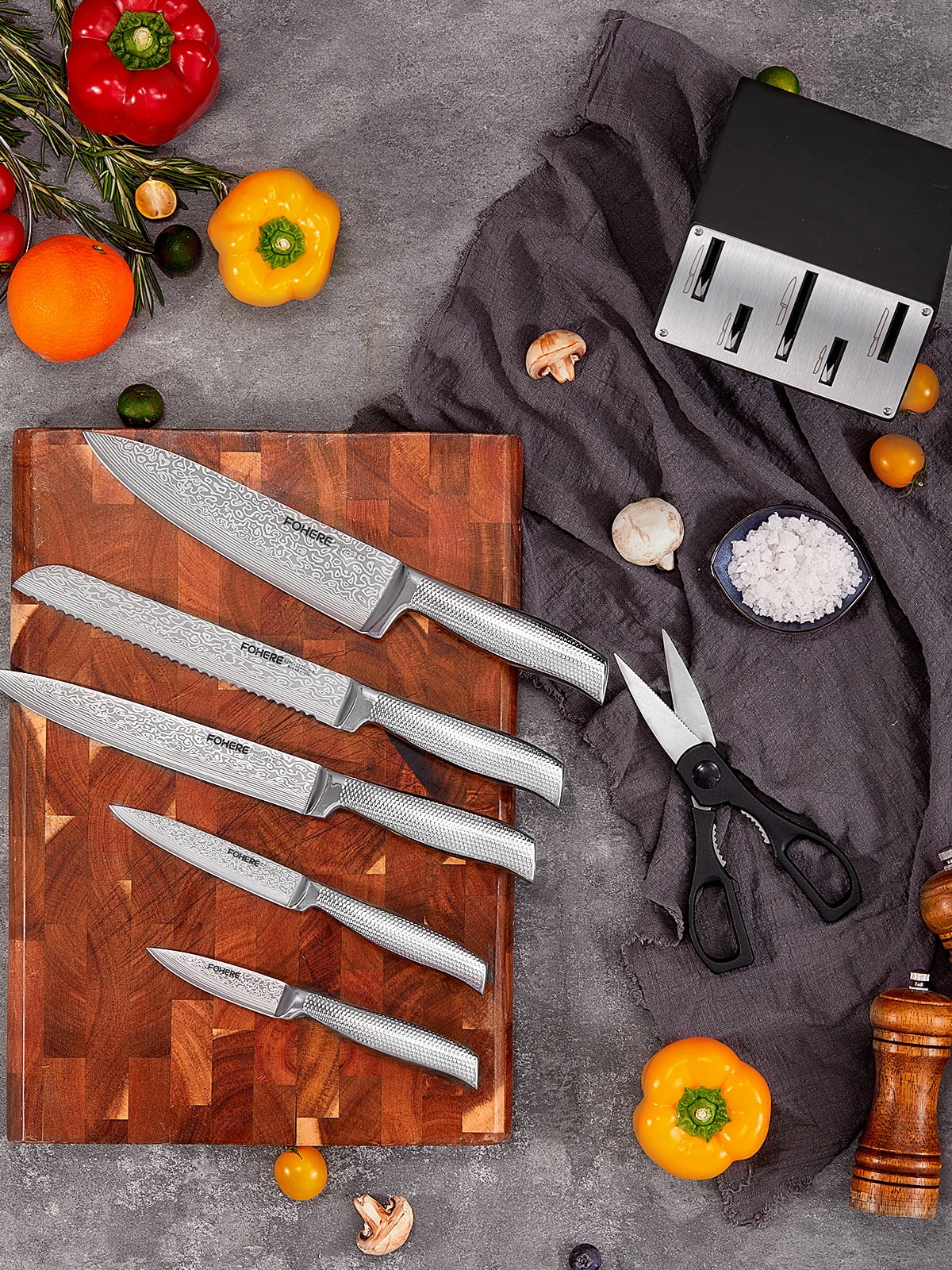 FOHERE 7-Piece Kitchen Knife Set with Sharpener, Unique Waved Pattern & Stainless Steel Handle