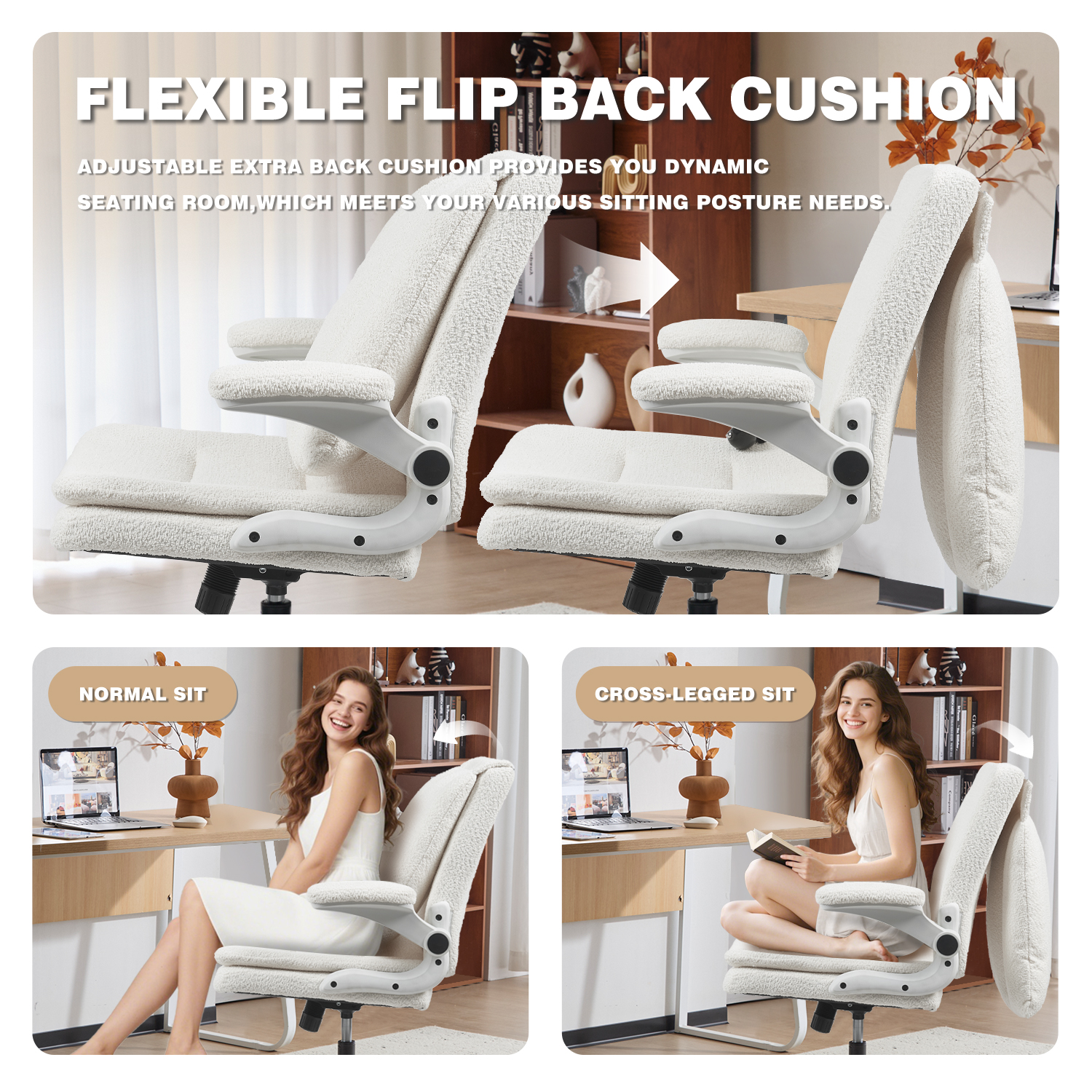 Wide Criss Cross Chair with Flip Up Back Cushion and Arms, Ergonomic Cross Legged Office Chair with Dynamic Lumbar Support, Upholstered Swivel Rolling Vanity Chair for Customized Comfort