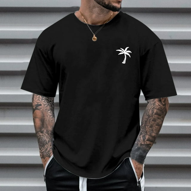 T-shirt d'Été pour Hommes à Manches Courtes Col Rond avec Imprimé Unique de Petit Arbre, Décontracté pour Activités Extérieures et Détente