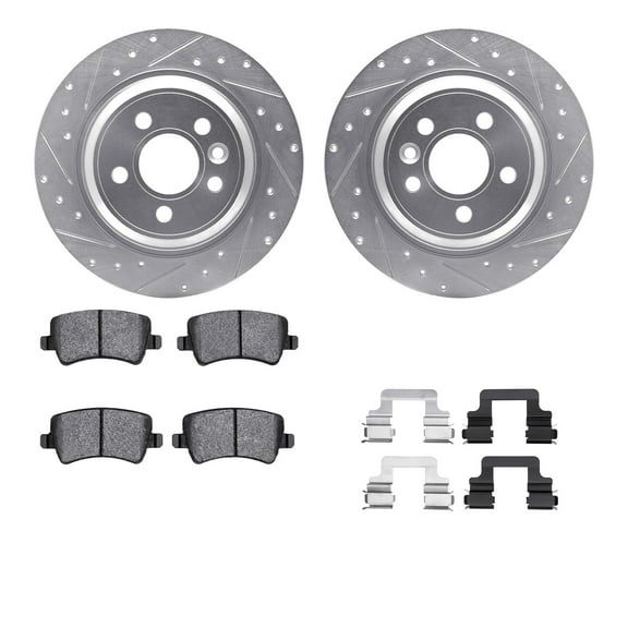 Dynamic Friction Company Rear Brake Rotors-Drilled and Slotted-Silver with 5000 Advanced Brake Pads includes Hardware 7512-27041