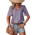 thumbnail image 1 of Camisa de verano ligera y holgada con cuello en V y manga corta para mujer con botones, 1 of 5