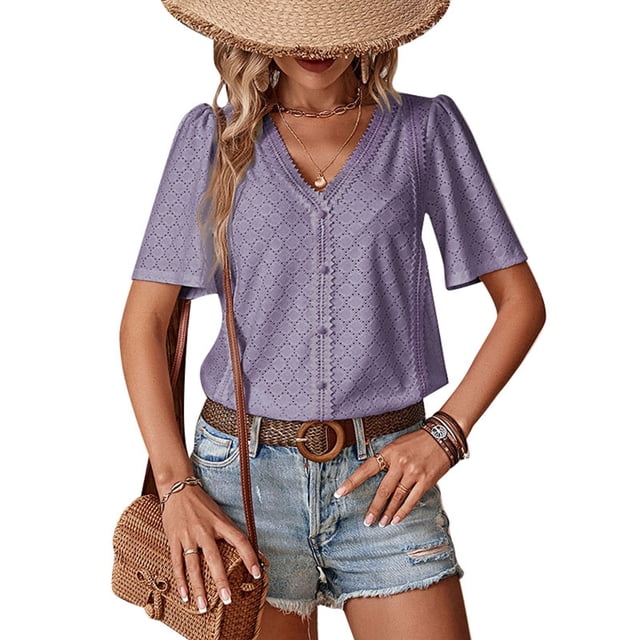 Camisa de verano ligera y holgada con cuello en V y manga corta para mujer con botones
