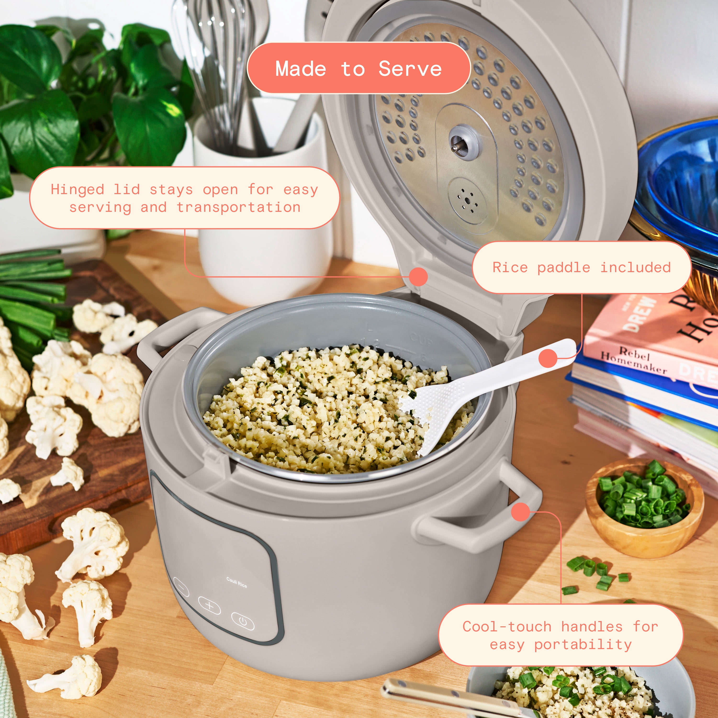 Beautiful 14-Cup Cooked, 6-Cup Uncooked Electric Rice and Grain Cooker, EverGood Ceramic Nonstick Coating, Porcini Taupe by Drew Barrymore