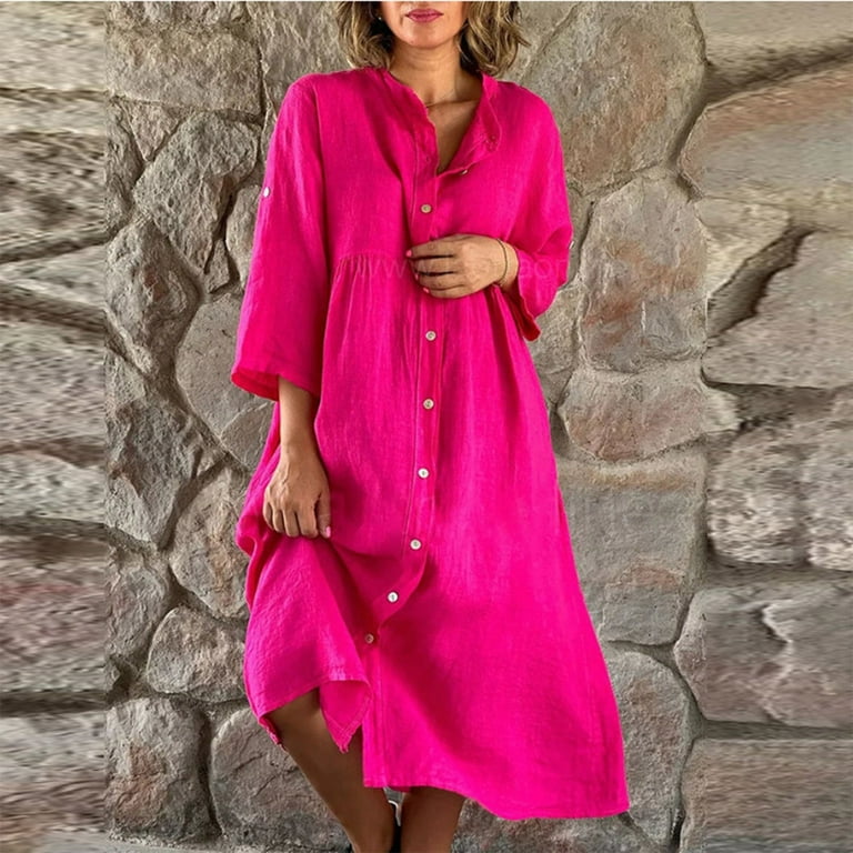 Women Button Down Dress Loose Summer Cotton Linen Dress Ruffle Hem Casual  Dress Short Sleeve Tunic Dress Hot Pink M - Walmart.com