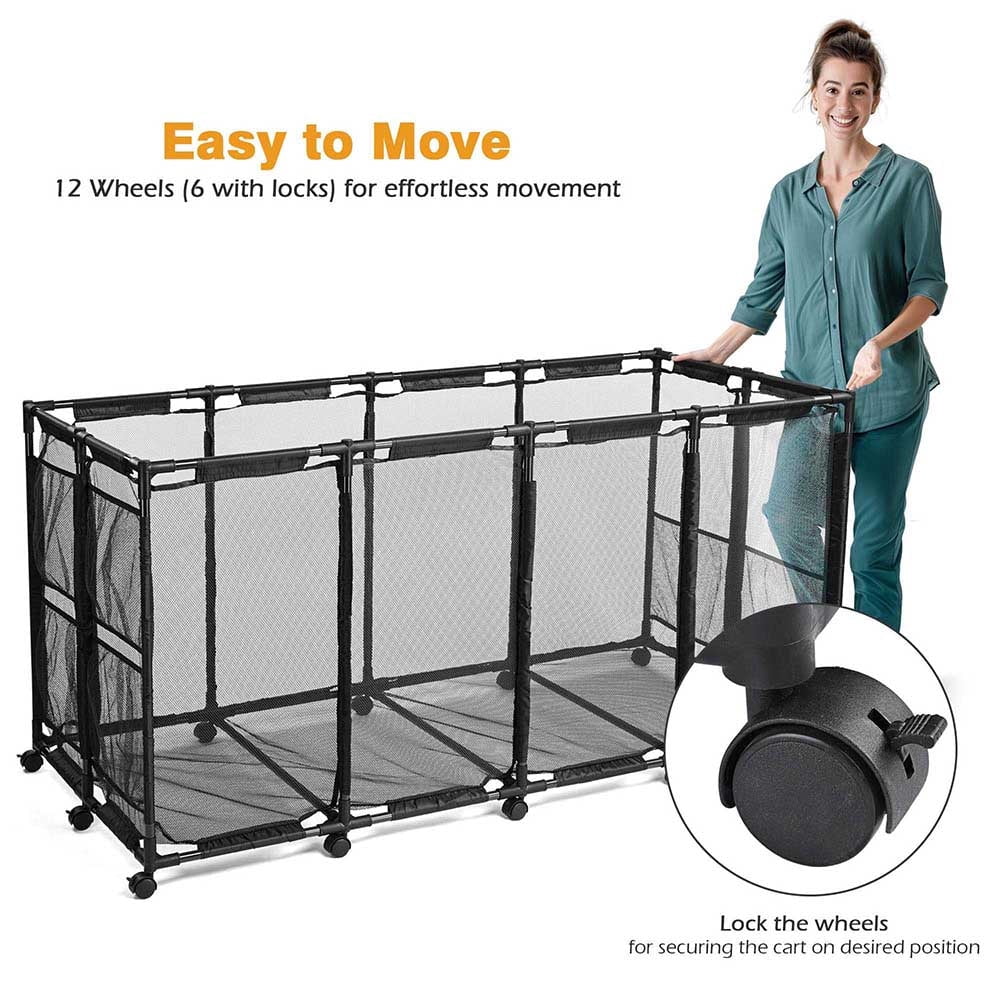 Yescom 65" XXX-Large Metal Frame Pool Toy Organizer – Heavy-Duty Rolling Mesh Bin with 12-Wheel Stability System in Black