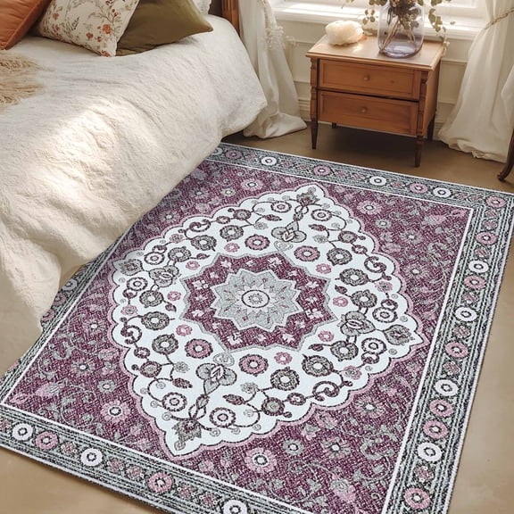 Area Rug for Living Room, Aztec Boho Non-Slip Indoor Large Carpet for Bedroom/Dining Room, Purple Gray Southwest Ethnic Tribal Abstract Washable Low-Profile Rectangle Floor Runner Rugs - 4 x 6 Ft