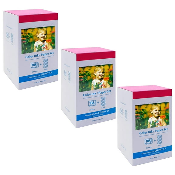 NineLeaf 3 Set Compatible for Canon Selphy CP1500 CP1300 KP-108IN KP108 3 Color Ink Cartridge and 108 Sheets 4x6 Photo Paper