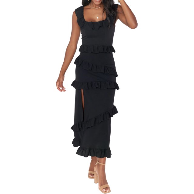 ZAXARRA Women Long Bodycon Dress Solid Color Square Neck Sleeveless Tight Dress Summer Ruffles Side Slit Party Dress