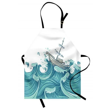 Nautical Apron Ship Being Tossed by Giant Ocean Waves Aquatic Old Vessel Sea Journey Illustration, Unisex Kitchen Bib Apron with Adjustable Neck for Cooking Baking Gardening, Aqua Taupe, by (Best Vessels For Cooking)