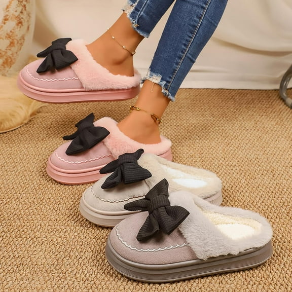 House Slippers Women Men Non-Slip Slip-on Round Toe Flats Casual Versatile Bow Fall Winter Outdoor Indoor Warm Slippers Home Slippers