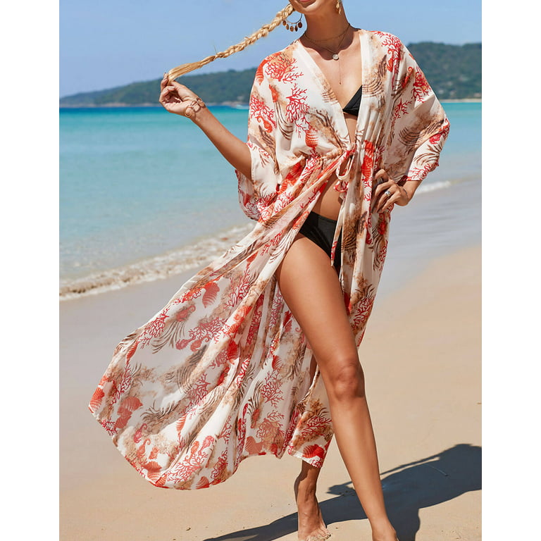 Women's Summer Swimsuit Cover Ups Coral Print Open Front Beach Dresses  Bikini Bathing Suit Cover Up Plus Size Kimono Kaftan Dress Alsol Lamesa