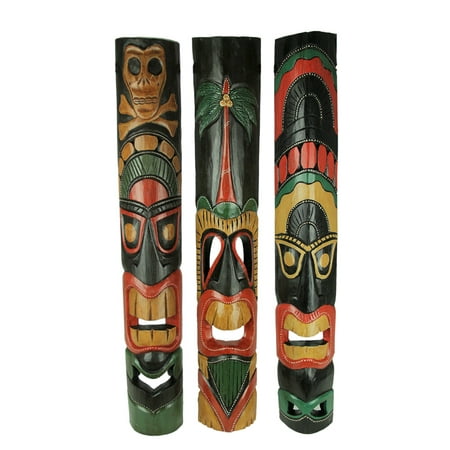 Carved Tiki Surfboard - Set of 3 Hand Carved Island Style Polynesian Tiki Masks 39 In.