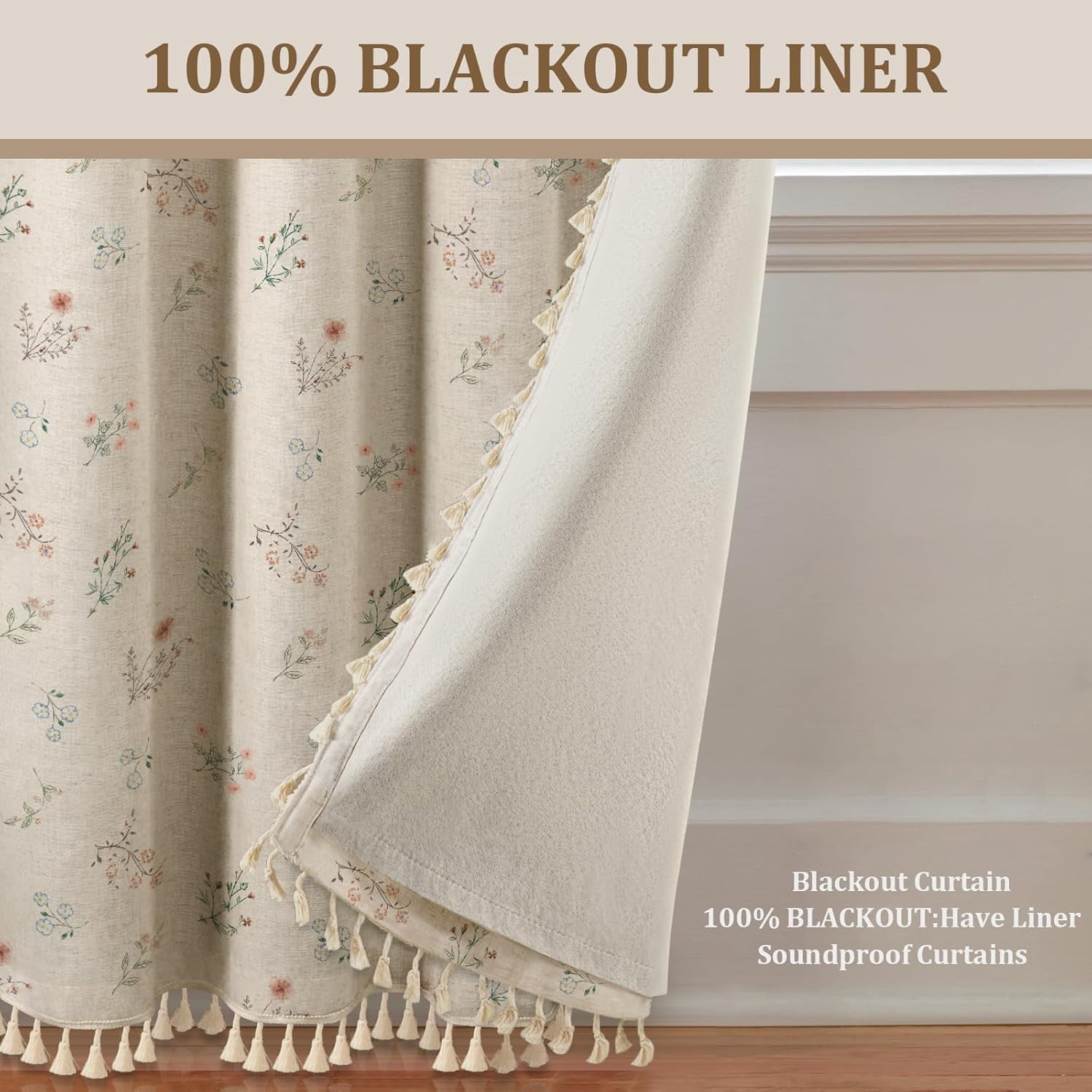 Boho Floral 100% Blackout Curtains 84 Inch Length 1 Panel, Linen Texture Farmhouse Curtains Beige Tassel for Living Room Bedroom Vintage Rustic Patterned Printed Western Rod Pocket