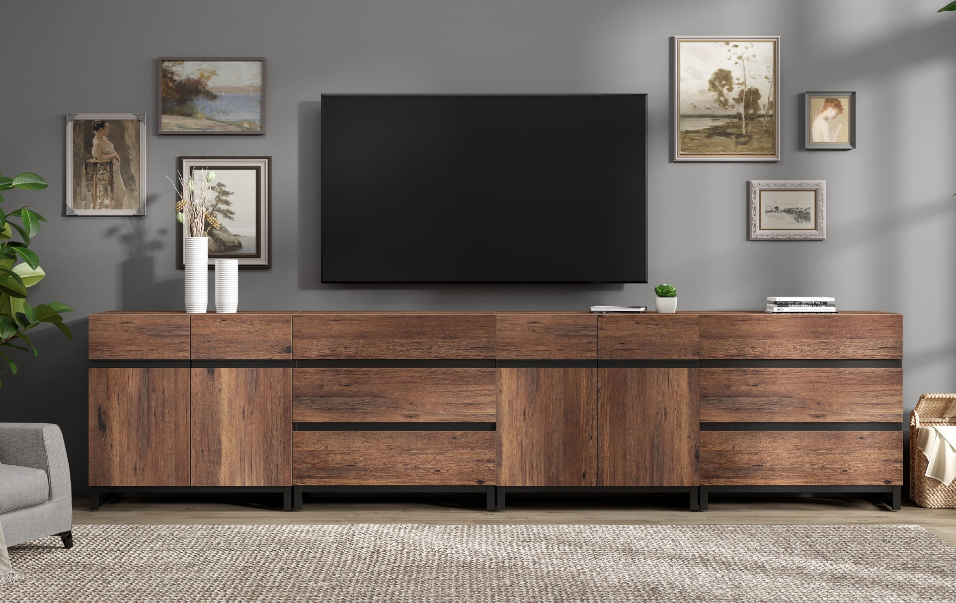 Modern TV Stand For Tvs Up To 120 Inches, 4-In-1 Entertainment Console With 6 Drawers And Adjustable Shelves, Media Cabinet For Living Room Or Bedroom,Brown