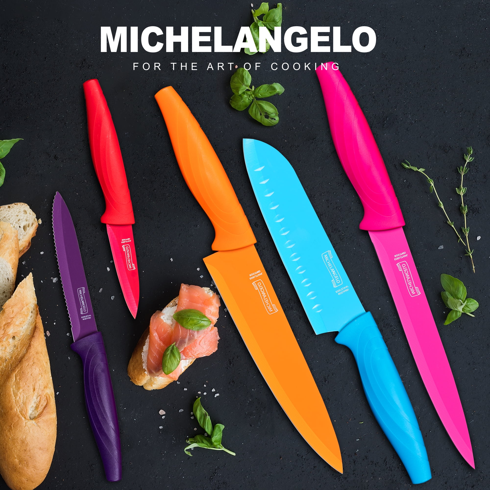 MICHELANGELO Kitchen Knife Set 5 Knives 5 Knife Sheath Covers Rainbow  Colors NEW