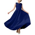 thumbnail image 3 of AHTJRT Bridesmaid Flower Dress for Girl V Back Bowknot Dresses A-Line Crewneck Sleeveless Cute Elegant Wedding Party Gowns Dark Blue 9-10 Years, 3 of 10