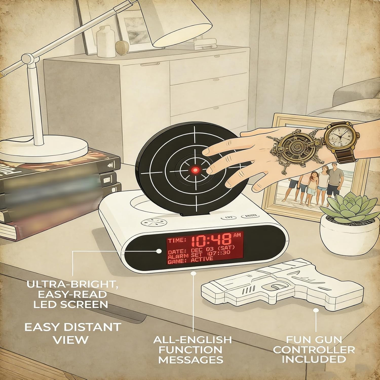 Gun Alarm Clock, Shot Timer, Shooting Timing Clocks, Display Ringtones Customization, Modern Target Creative Clocks, Shoot the Target to Shut It Off, Built for People Who Hate Mornings (White)