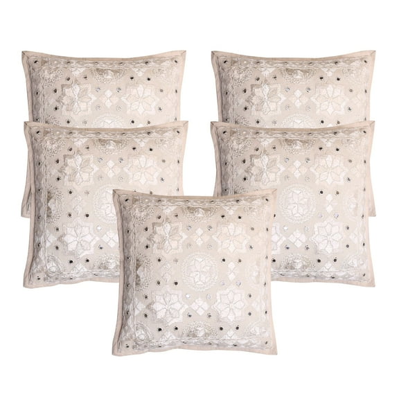 Stylo Culture Ethnic Couch Throw Pillow Covers 16x16 Embroidered Off White Bohemian 40 x 40 cm Lounge Decor Cotton Mirrored Square Cushion Covers | Set Of 5