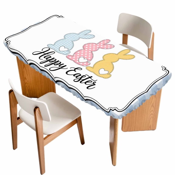 Happy Easter Table Cloths for 6 Foot Rectangle Tables, Cute Lovely Colorful Rabbits Silhouette Blue Plaid Patio Waterproof Elastic Fitted Tablecloths, Washable Rectangular Table Cover for Camping