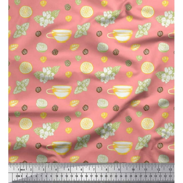 Soimoi Orange Poly Georgette Fabric Floral,Tea Cup & Lemon Slice Vegetable Fabric Prints By Yard 52 Inch Wide