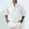 thumbnail image 2 of Wyobmus Mens Linen Henley Shirts Casual Cotton Lightweight Long Sleeve T-Shirt Solid Button Down Summer Beach Leisure Tops White, 2 of 5