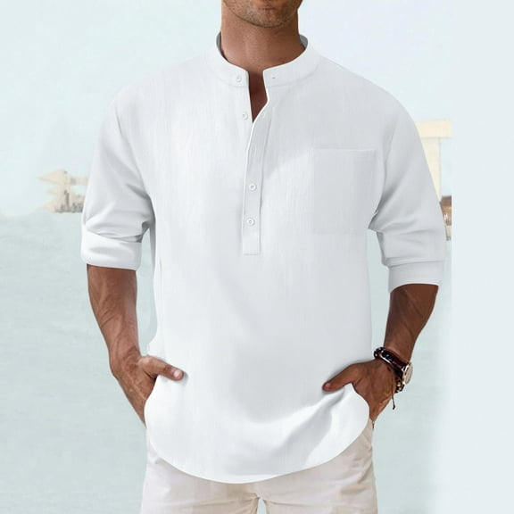 asjyhkr Mens Cotton Linen Shirts Long Sleeve Button down Crew Neck Breathable Casual Beach Vacation Shirts with Pocket