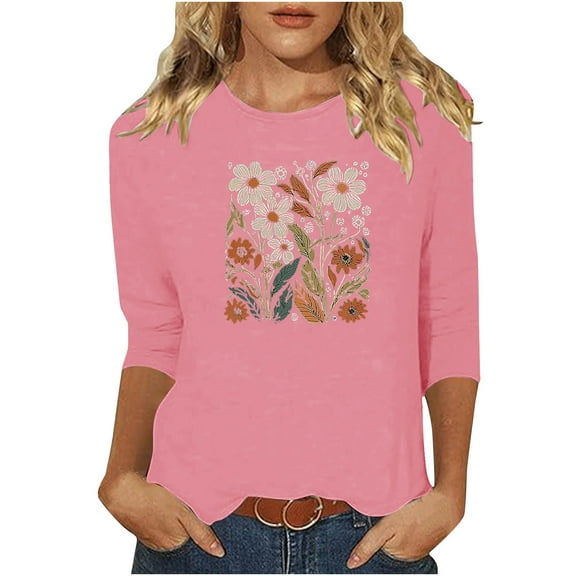 Ruimatai Women's Easter Printed 3/4 Sleeve T-Shirt Round Neck Loose Fit Casual Comfortable Soft Lightweight Blouse Top for Daily Wear