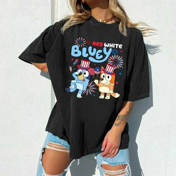Bluey T-Shirt, Red White Bluey Fourth of July Shirt, Day Shirt, Bluey 4th of July Shirt, Bluey Party In The USA Independence Day, Black Color size S
