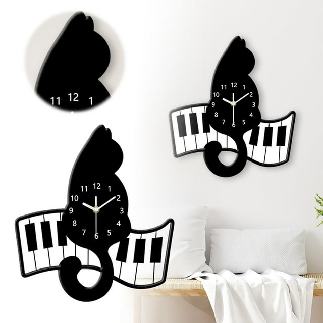 BKRE Piano Cat Wall Clock For Living Room Music Classroom Silent Clock Acrylic Clockwork