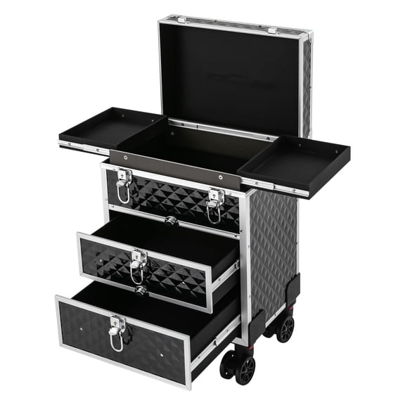 Professional Rolling Makeup Case, Cosmetic Organizer with Sliding Drawers, Makeup Case with 360° Rotatable Wheels