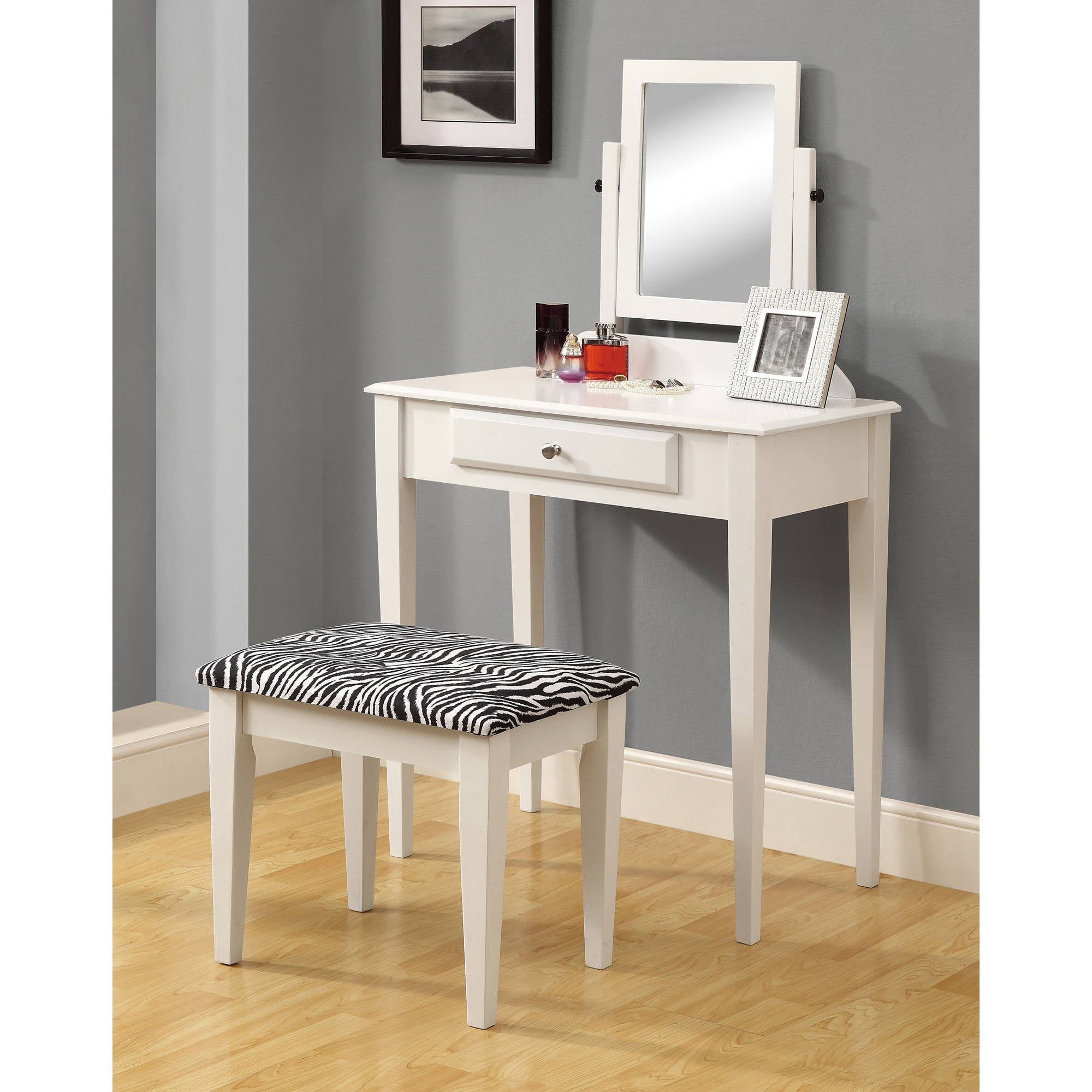 Monarch Vanity Set 2Pcs Set / White With A Zebra Fabric Stool . Monarch Vanity Set 2Pcs Set / White With A Zebra Fabric Stool .