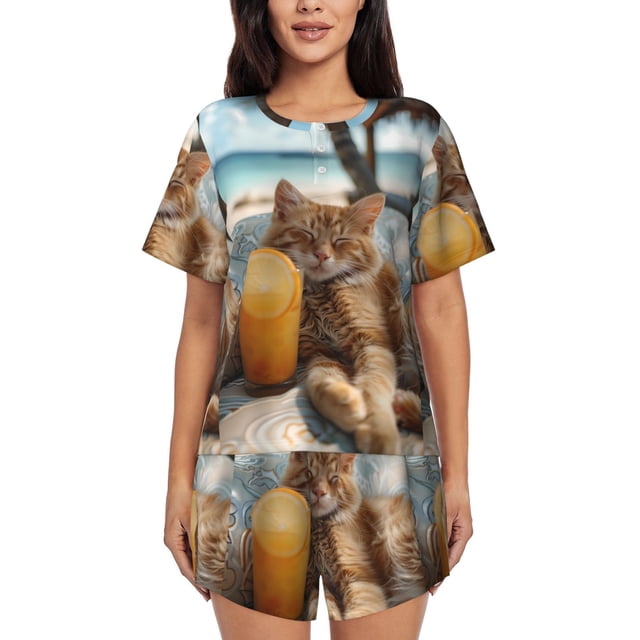 Balery Relaxing Cat With Orange Juice Conjunto de Pijama para Mujer con Estampado, Dos Piezas de Manga Corta y Shorts, Ropa de Dormir Suave con Cuello Redondo y Bolsillos-XX-Large