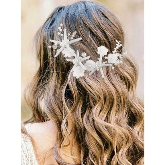 Starfish Bride Wedding Hair Vine Silver Flower Bridal Hair Piece Pearl Hair Accessories Hair Jewelry for Women and Girls (13.8 Inches)