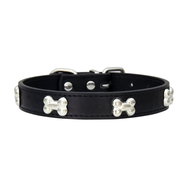 Pet Collar with Metal Bone Decoration Pet Collar with Bone Pattern Design Adjustable Size Metal Buckle Leash Clip Included Adjustable Size Pet Collar