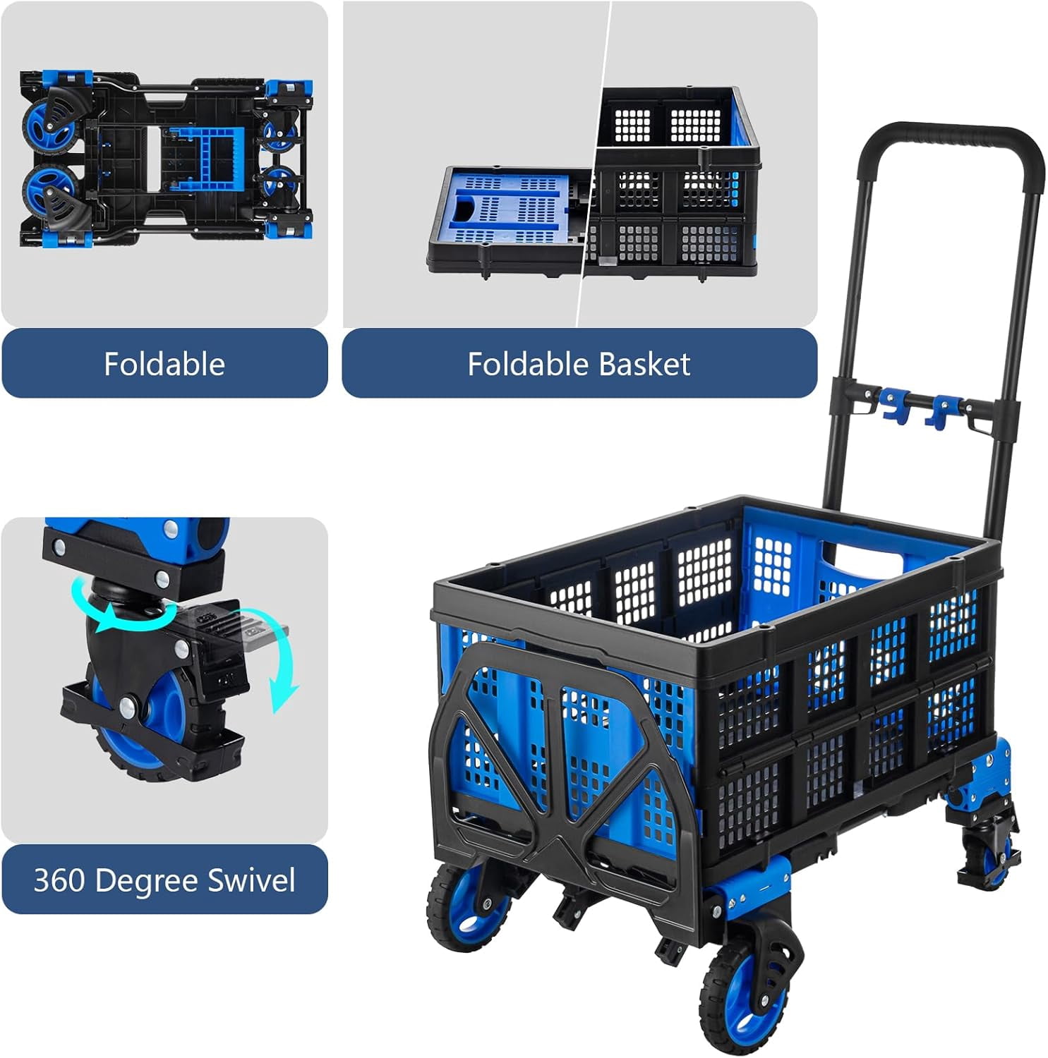 SHZOND 2 in 1 Folding Hand Truck Dolly with Basket, 330LBS Capacity  Hand Truck with 4 Wheels, Retractable Handle Collapsible Cart, Include 2 Bungee Cords, for Moving, Luggage, Office
