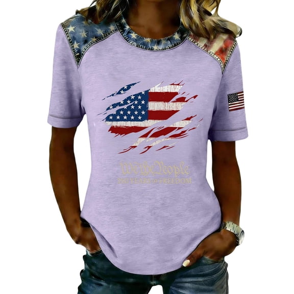 Fabrcox 1776-2026 250th Anniversary USA Shirts Flag Print Crew Neck Women Tops Short Sleeve Freedom 4th of July Women T Shirts Graphic Purple XL