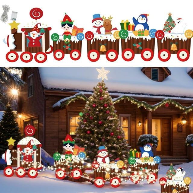 Christmas Outdoor Decorations Yard Signs 5-Pack Christmas Train Set for Holiday Lawn, Garden, and Yard Décor Perfect Christmas Yard Decorations with Santa, Snowman, and Christmas Tree