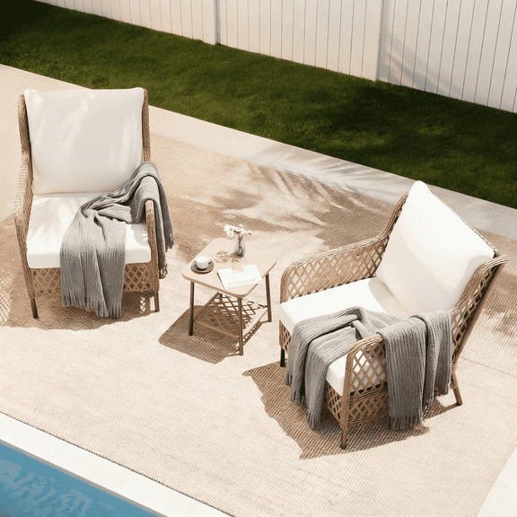 LAUSAINT HOME 3 Pieces Outdoor Patio Bistro Set with Wood-Grain Coffee Table, PE Wicker High Back Chairs with Beige Cushions
