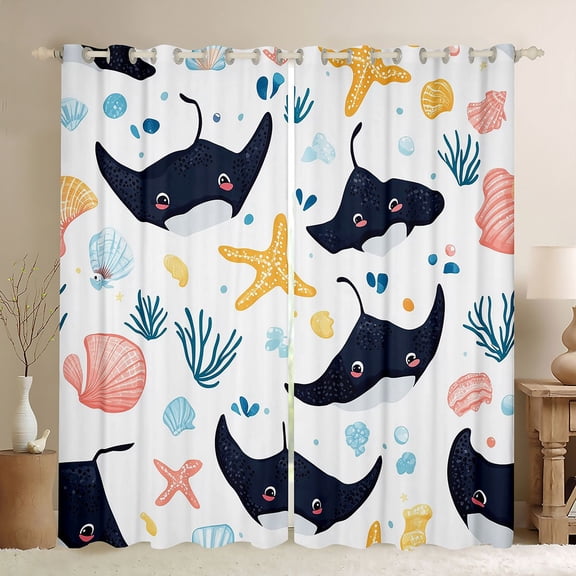 Feelyou Cute Cartoon Fish Starfish Shell Black Out Curtains for Boys Girls, Kawaii Ocean Marine Wildlife Curtains Pack of 2 (42x63 Each)