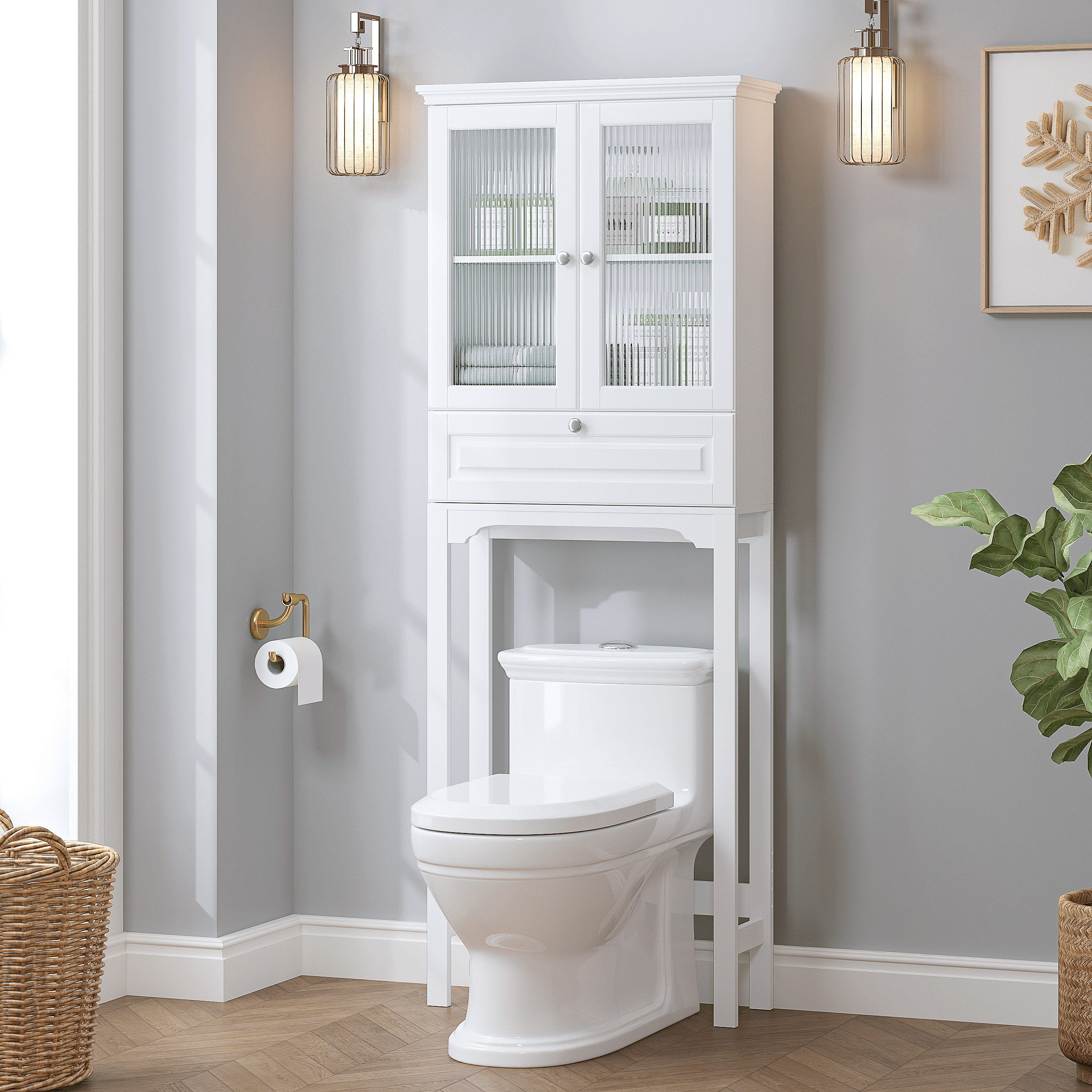 STAROUS Over-the-Toilet Storage Cabinet with Muro Glass Doors & Tilt-Out Cube, White