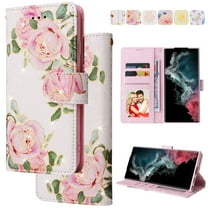 Wallet Case for Samsung S22 Ultra with RFID Blocking Credit Card Slots Holder, Cute Patterned Gold Brushing Magnetic Flip Kickstand Wrist Strap Cover for Samsung Galaxy S22 Ultra, Love Rose