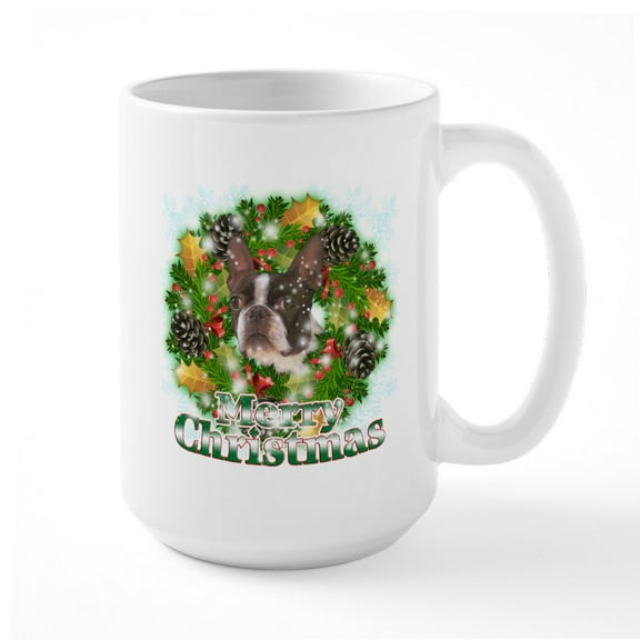 CafePress - Merry Christmas Boston Terrier Large Mug - 15 oz Ceramic Large White Novelty Mug