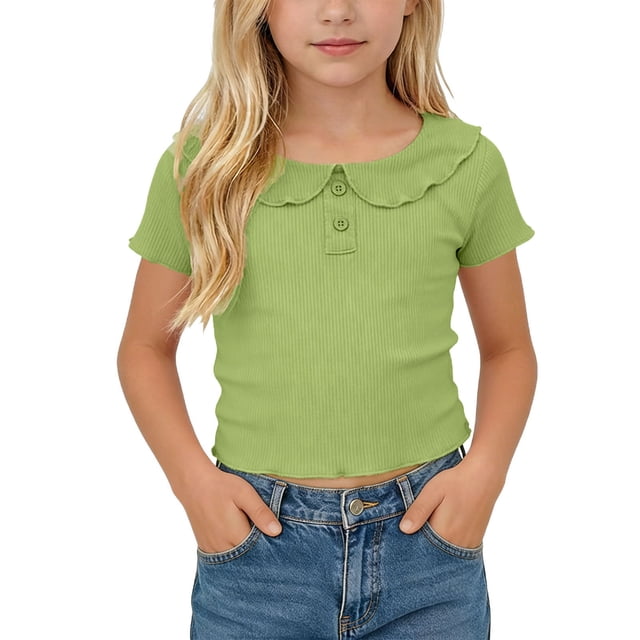KyCheLot Girls' Summer T-Shirts Button Round Lapel Neck Solid Color Short Sleeve Tops Trendy Comfortable T-Shirts