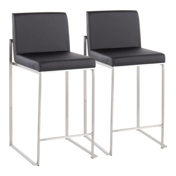 LumiSource Stainless Steel, Black PU Fuji High Back Counter Stool - Set of 2