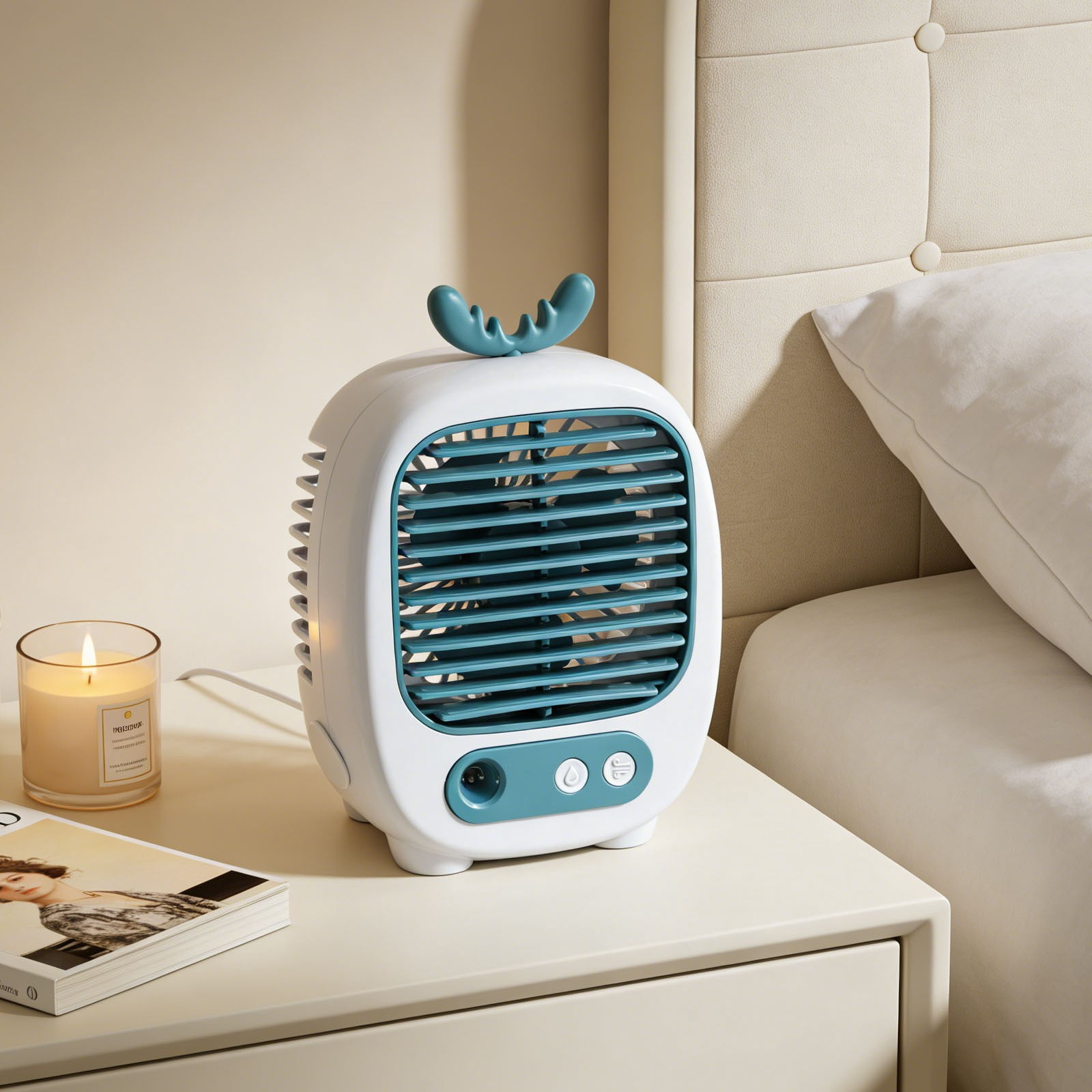 Cute Antler Design Portable Evaporative Air Cooler, 3-in-1 Mist Humidifier Desktop Fan for Home & Office