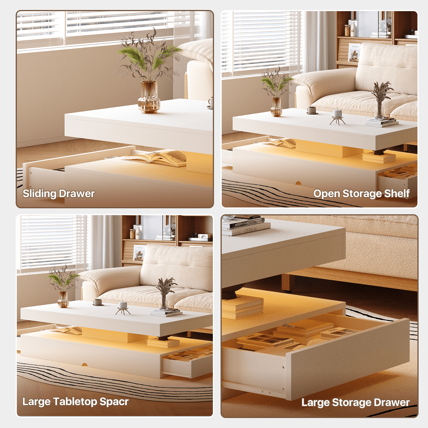 Sonegra 47" High-Glossy LED Coffee Table, Storage Coffee Table with 2 Sliding Drawers for Living Room, Modern Stylish Double-Layer Center Tables with LED Lights, White